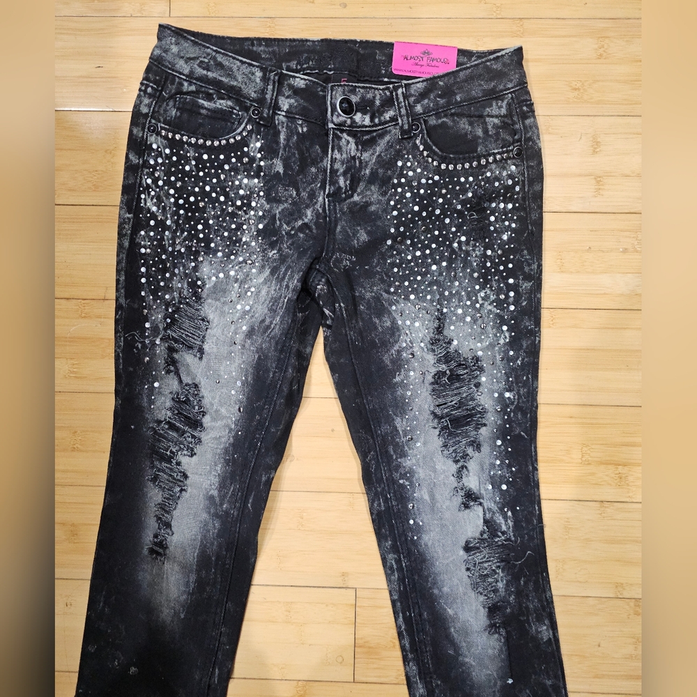 Almost Famous Y2K Distressed Black Gray Rhinestone Studded Pants Skinny Jeans 5 - Picture 2 of 8